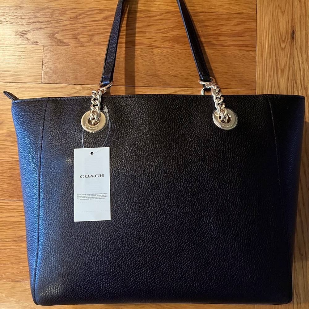 COACH - BNWT -Black pebbled Leather tote w/ gold /leather strap